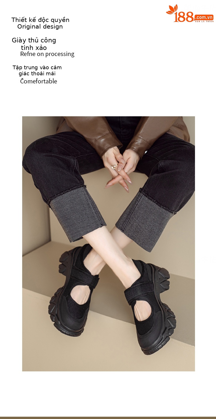 Giày Mary Jane nữ đế dày da thật quai ngang khóa Velcro — Đen + lưới, Đen + vải lụa chi tiết 12