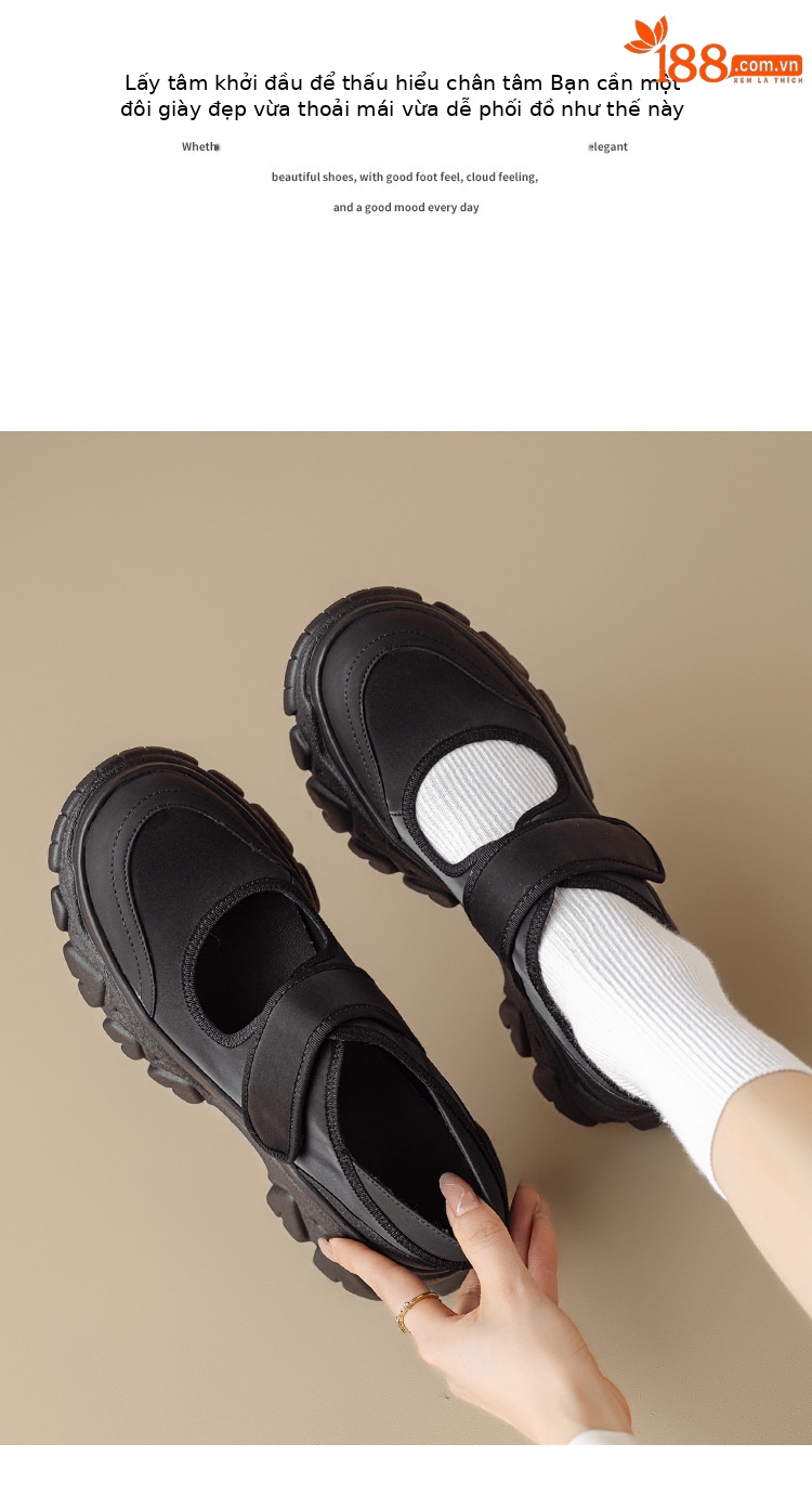 Giày Mary Jane nữ đế dày da thật quai ngang khóa Velcro — Đen + lưới, Đen + vải lụa chi tiết 15