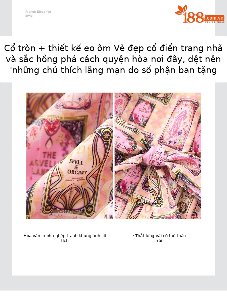 Váy liền cổ tròn thắt dây eo in họa tiết nặng phong cách sang trọng — Màu hồng chi tiết 4
