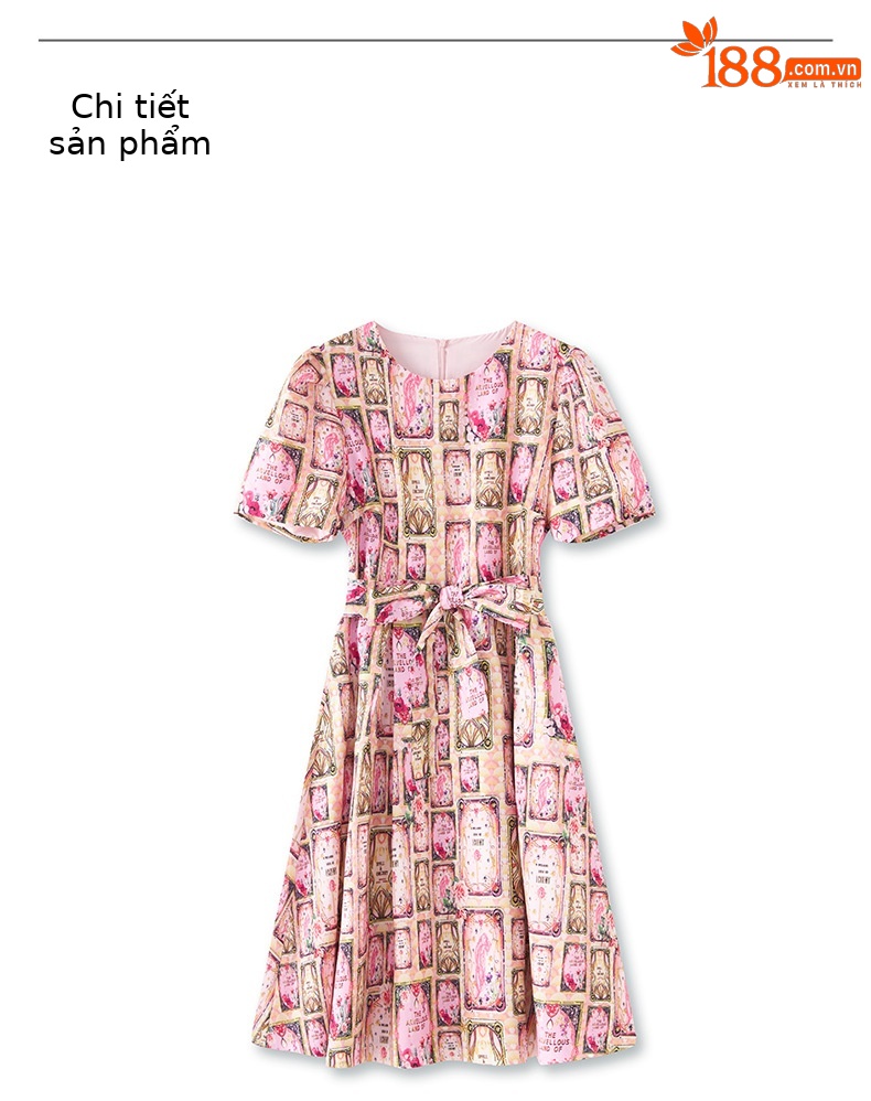 Váy liền cổ tròn thắt dây eo in họa tiết nặng phong cách sang trọng — Màu hồng chi tiết 9
