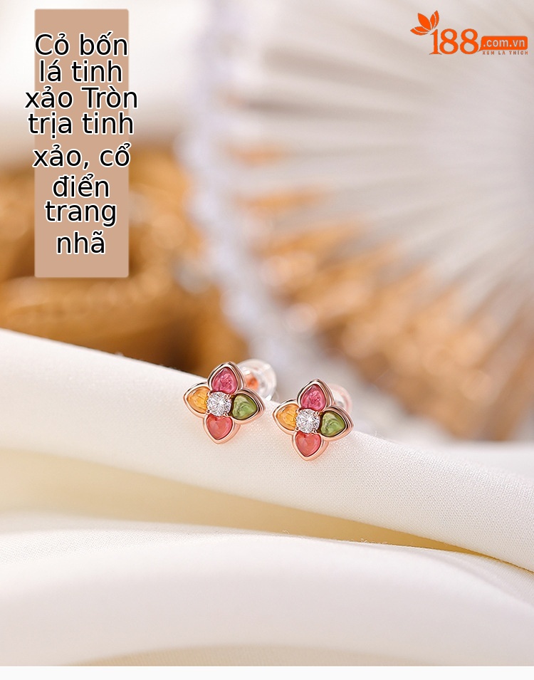 Bông tai bạc S925 mạ vàng hồng hình hoa cỏ bốn lá đính tourmaline — Một cặp (màu ngẫu nhiên của tourmaline) chi tiết 1