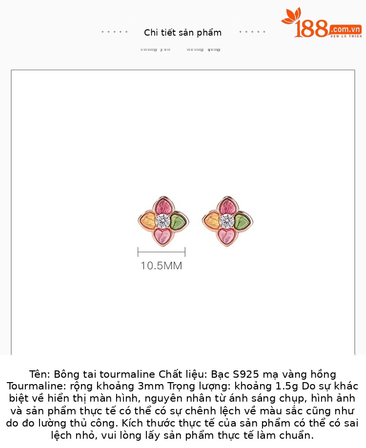 Bông tai bạc S925 mạ vàng hồng hình hoa cỏ bốn lá đính tourmaline — Một cặp (màu ngẫu nhiên của tourmaline) chi tiết 2
