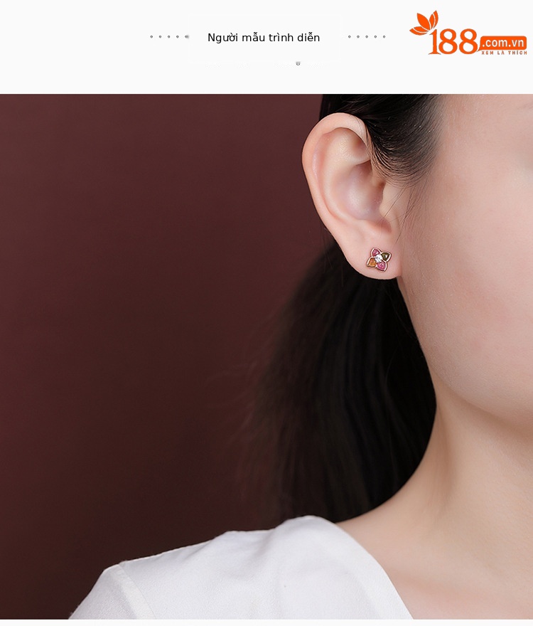 Bông tai bạc S925 mạ vàng hồng hình hoa cỏ bốn lá đính tourmaline — Một cặp (màu ngẫu nhiên của tourmaline) chi tiết 3