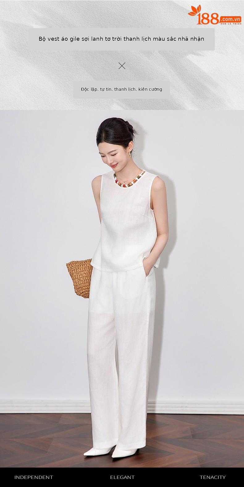 Bộ áo vest cổ cườm kết hợp quần ống rộng vải lanh nữ mùa hè — Màu trắng chi tiết 1