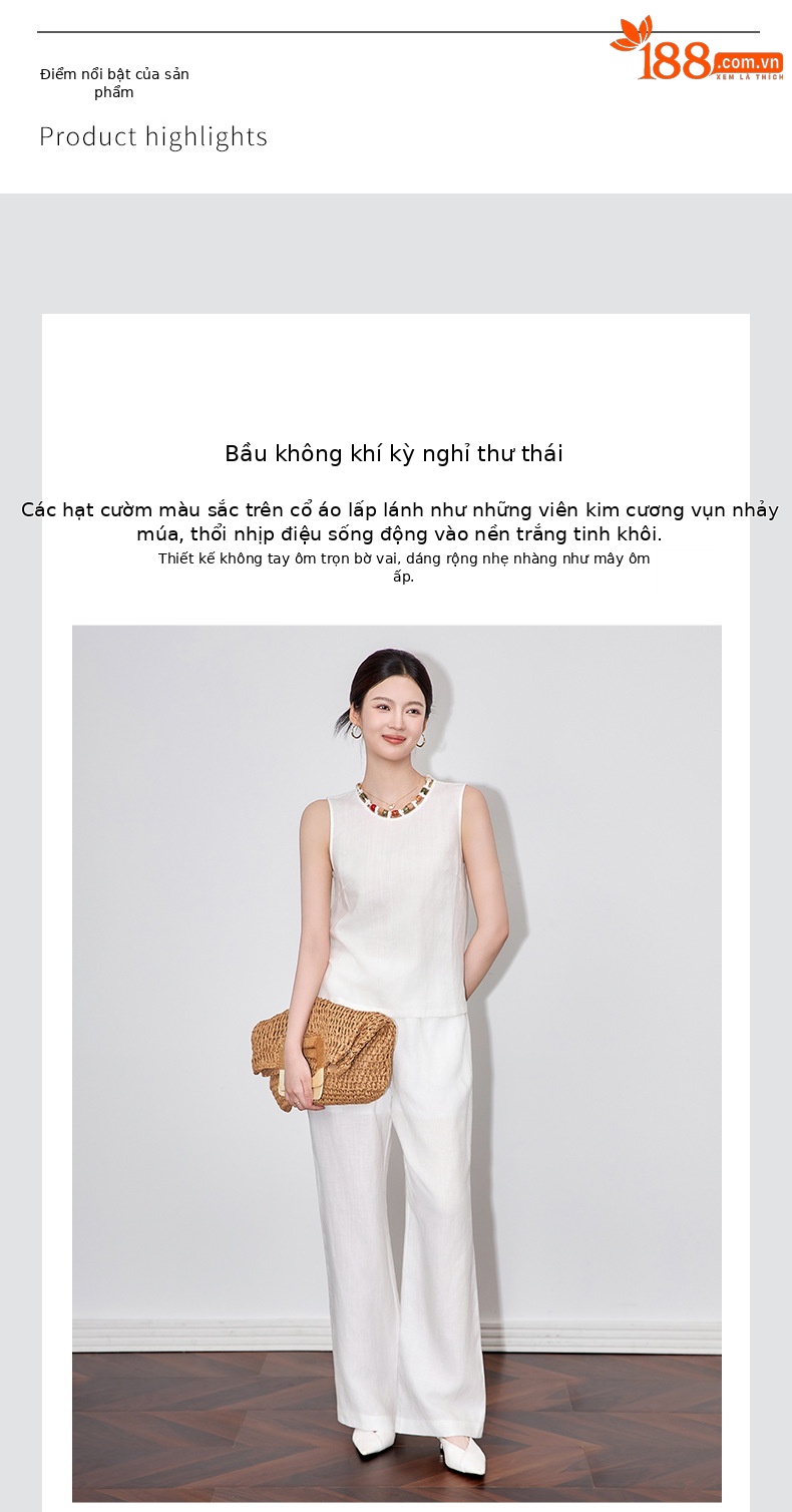 Bộ áo vest cổ cườm kết hợp quần ống rộng vải lanh nữ mùa hè — Màu trắng chi tiết 4