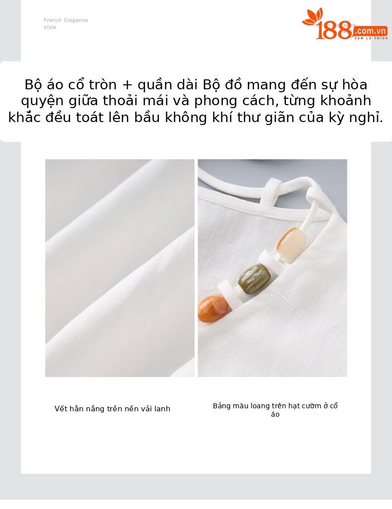 Bộ áo vest cổ cườm kết hợp quần ống rộng vải lanh nữ mùa hè — Màu trắng chi tiết 5