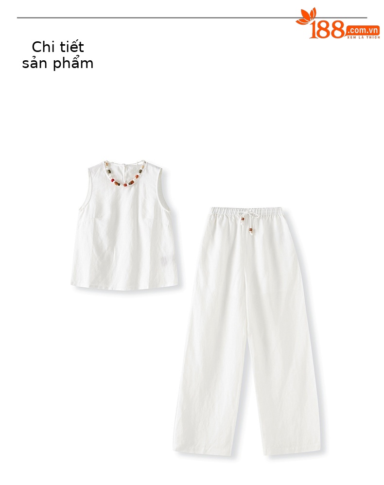 Bộ áo vest cổ cườm kết hợp quần ống rộng vải lanh nữ mùa hè — Màu trắng chi tiết 10