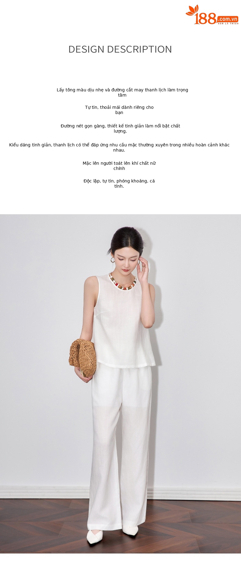 Bộ áo vest cổ cườm kết hợp quần ống rộng vải lanh nữ mùa hè — Màu trắng chi tiết 2