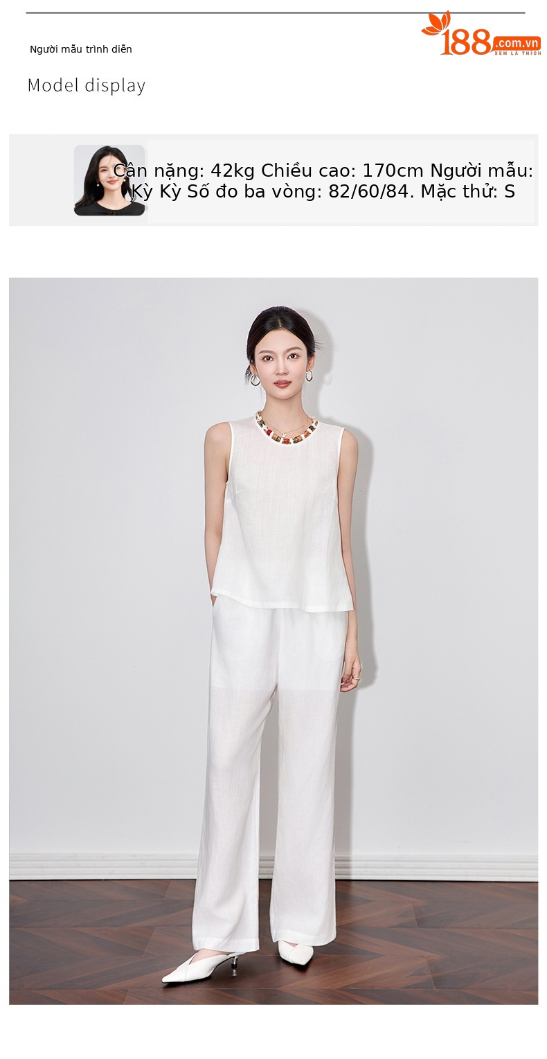 Bộ áo vest cổ cườm kết hợp quần ống rộng vải lanh nữ mùa hè — Màu trắng chi tiết 6