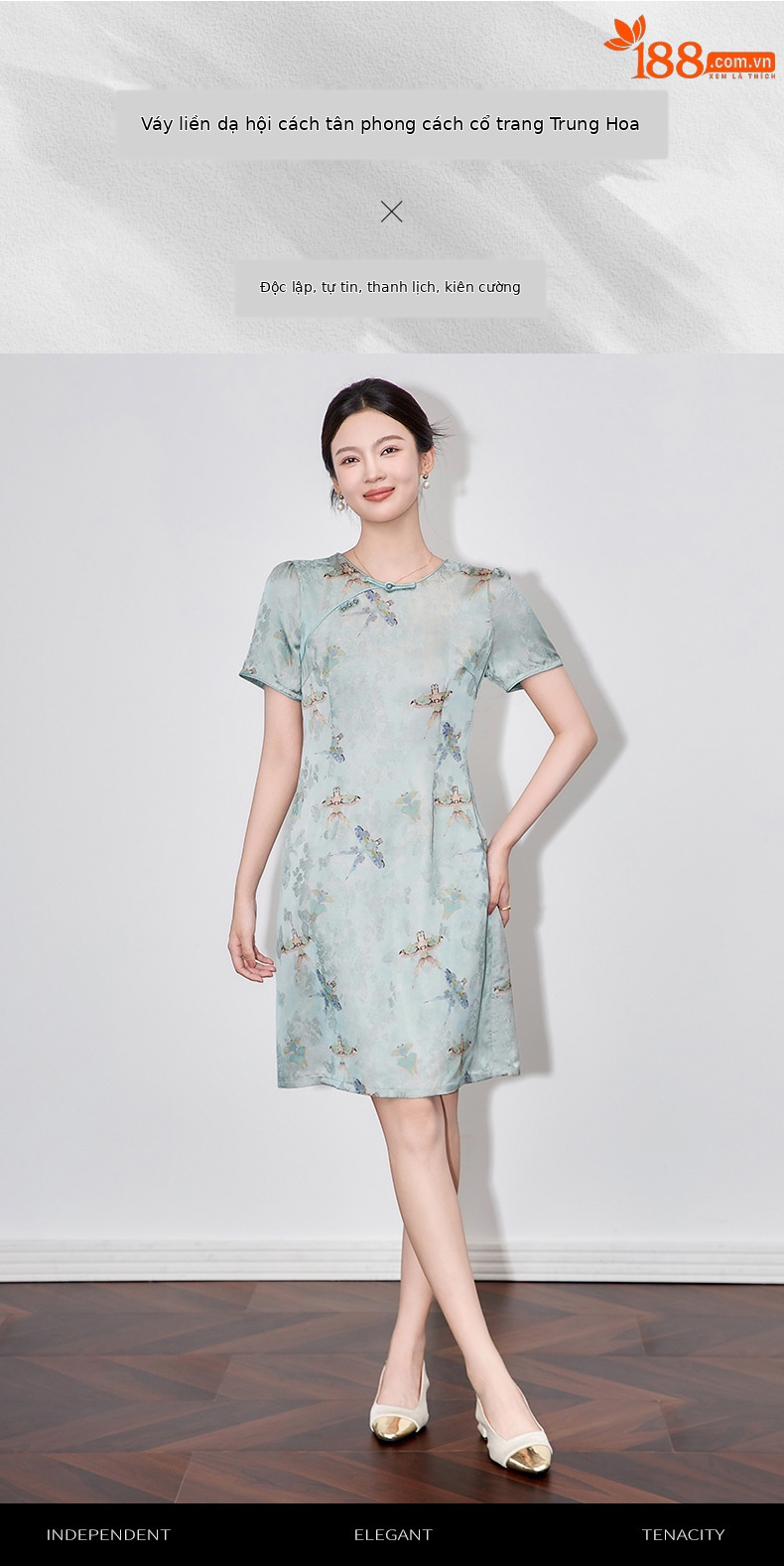 Váy sườn xám cách tân jacquard phong cách Trung Quốc chất liệu sợi mây thơm, dáng suông thắt eo, tay ngắn mùa hè — Màu xanh lam chi tiết 1