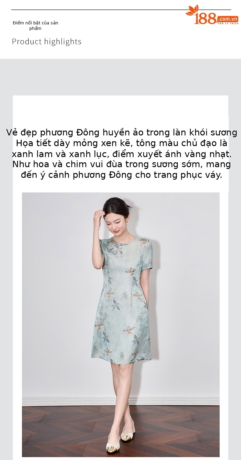 Váy sườn xám cách tân jacquard phong cách Trung Quốc chất liệu sợi mây thơm, dáng suông thắt eo, tay ngắn mùa hè — Màu xanh lam chi tiết 4