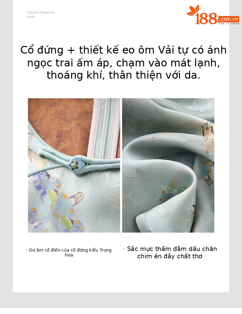 Váy sườn xám cách tân jacquard phong cách Trung Quốc chất liệu sợi mây thơm, dáng suông thắt eo, tay ngắn mùa hè — Màu xanh lam chi tiết 5