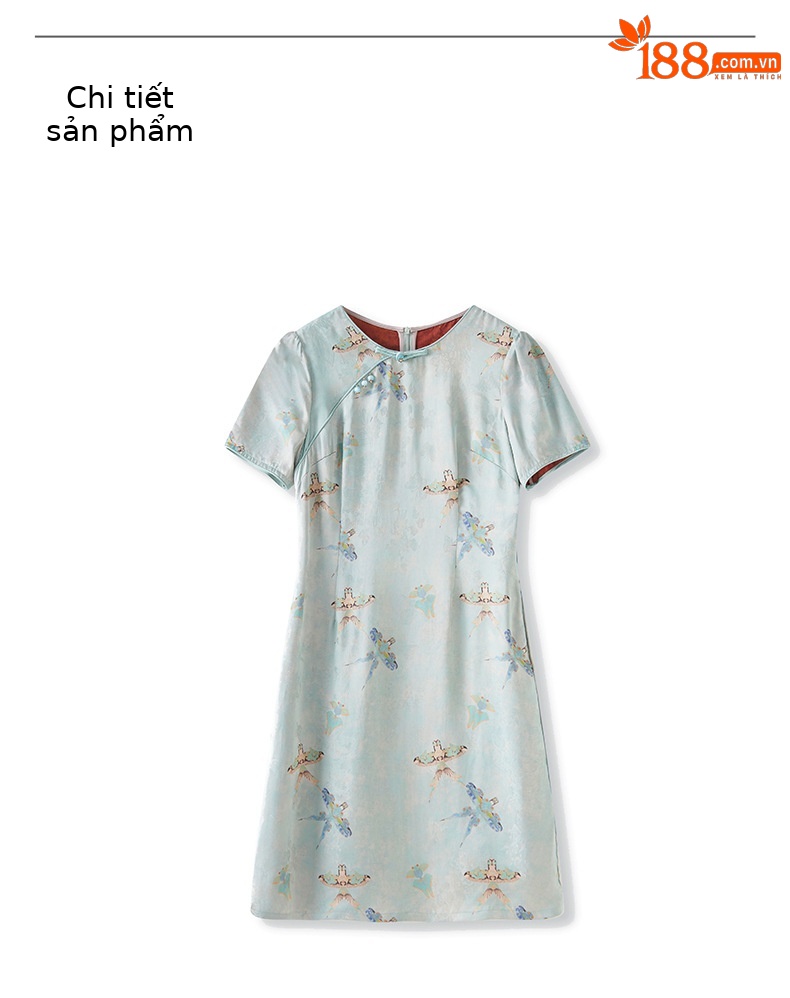 Váy sườn xám cách tân jacquard phong cách Trung Quốc chất liệu sợi mây thơm, dáng suông thắt eo, tay ngắn mùa hè — Màu xanh lam chi tiết 15