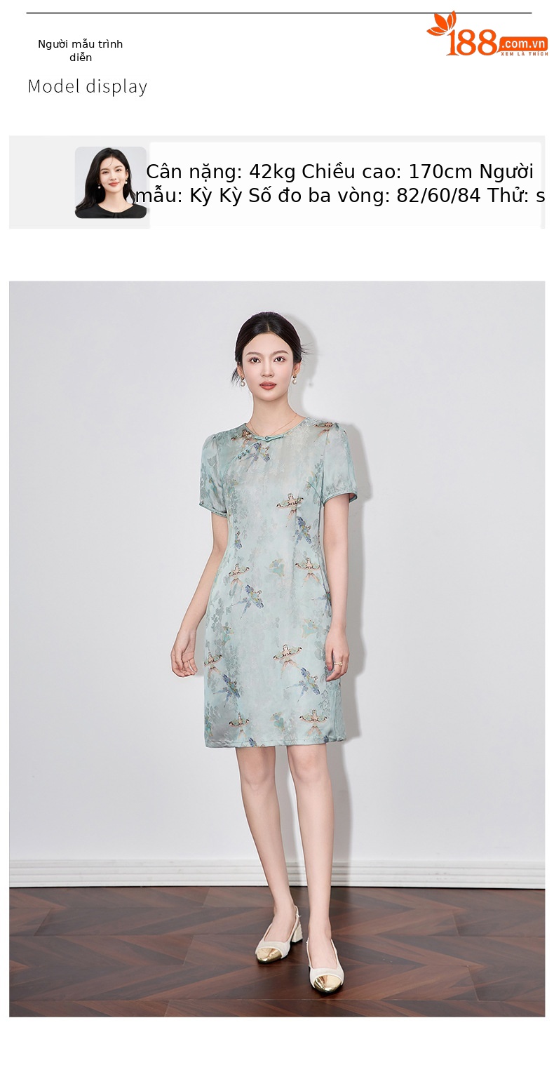 Váy sườn xám cách tân jacquard phong cách Trung Quốc chất liệu sợi mây thơm, dáng suông thắt eo, tay ngắn mùa hè — Màu xanh lam chi tiết 6