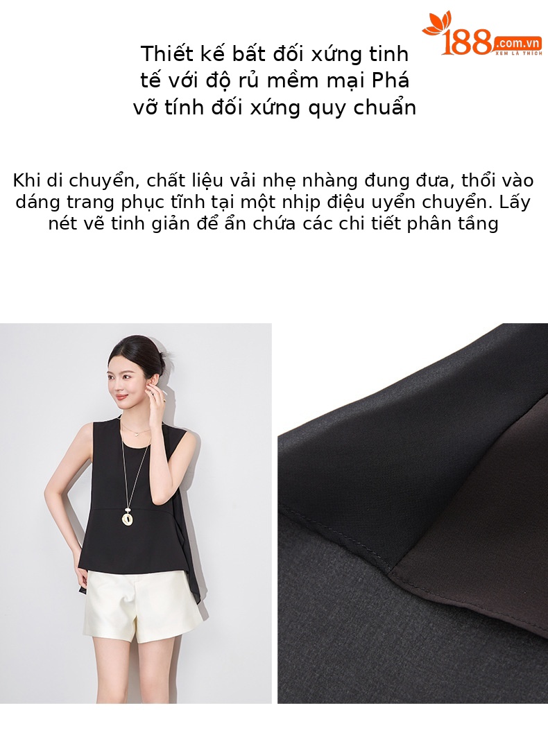 Áo không tay cổ tròn phối đường cắt không đối xứng dáng suông thanh lịch — Màu đen chi tiết 6