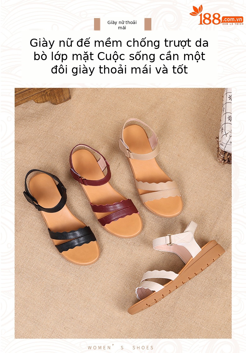 Sandal nữ đế bằng da thật chống trơn trượt, đế mềm thoải mái — màu be chi tiết 1
