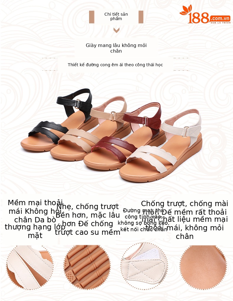 Sandal nữ đế bằng da thật chống trơn trượt, đế mềm thoải mái — màu be chi tiết 2