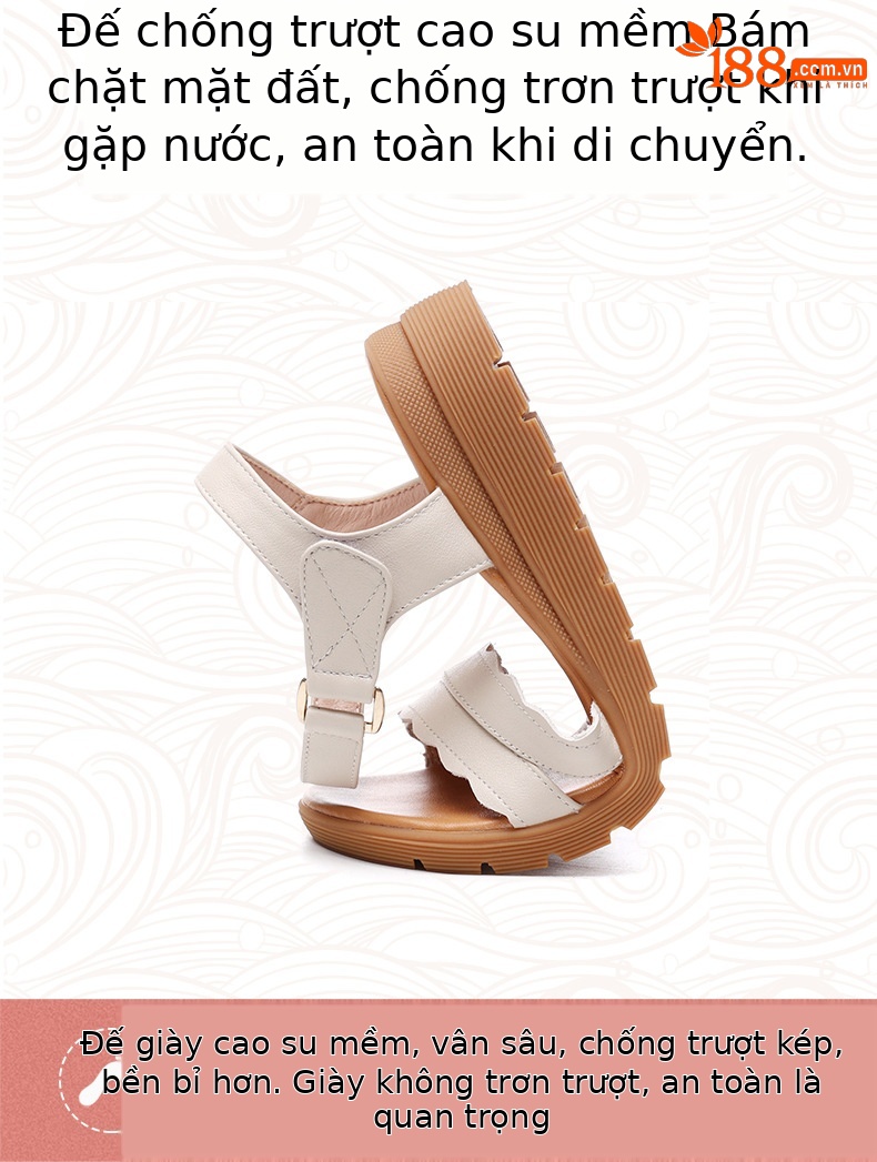 Sandal nữ đế bằng da thật chống trơn trượt, đế mềm thoải mái — màu be chi tiết 5