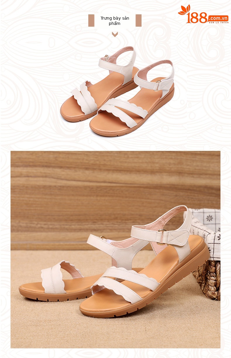 Sandal nữ đế bằng da thật chống trơn trượt, đế mềm thoải mái — màu be chi tiết 10