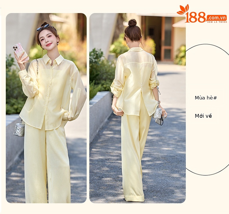 Bộ 3 món thời trang hè 2025 gồm áo sơ mi thanh lịch, quần ống rộng và áo chống nắng dáng dài — màu be, Rượu sâm panh, màu xanh, màu vàng chi tiết 4