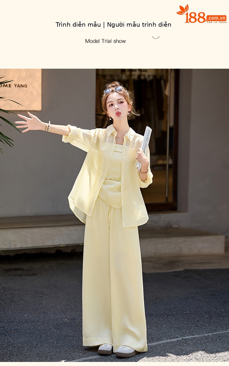 Bộ 3 món thời trang hè 2025 gồm áo sơ mi thanh lịch, quần ống rộng và áo chống nắng dáng dài — màu be, Rượu sâm panh, màu xanh, màu vàng chi tiết 7
