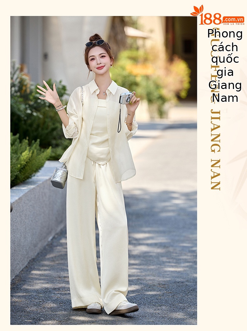 Bộ 3 món thời trang hè 2025 gồm áo sơ mi thanh lịch, quần ống rộng và áo chống nắng dáng dài — màu be, Rượu sâm panh, màu xanh, màu vàng chi tiết 27