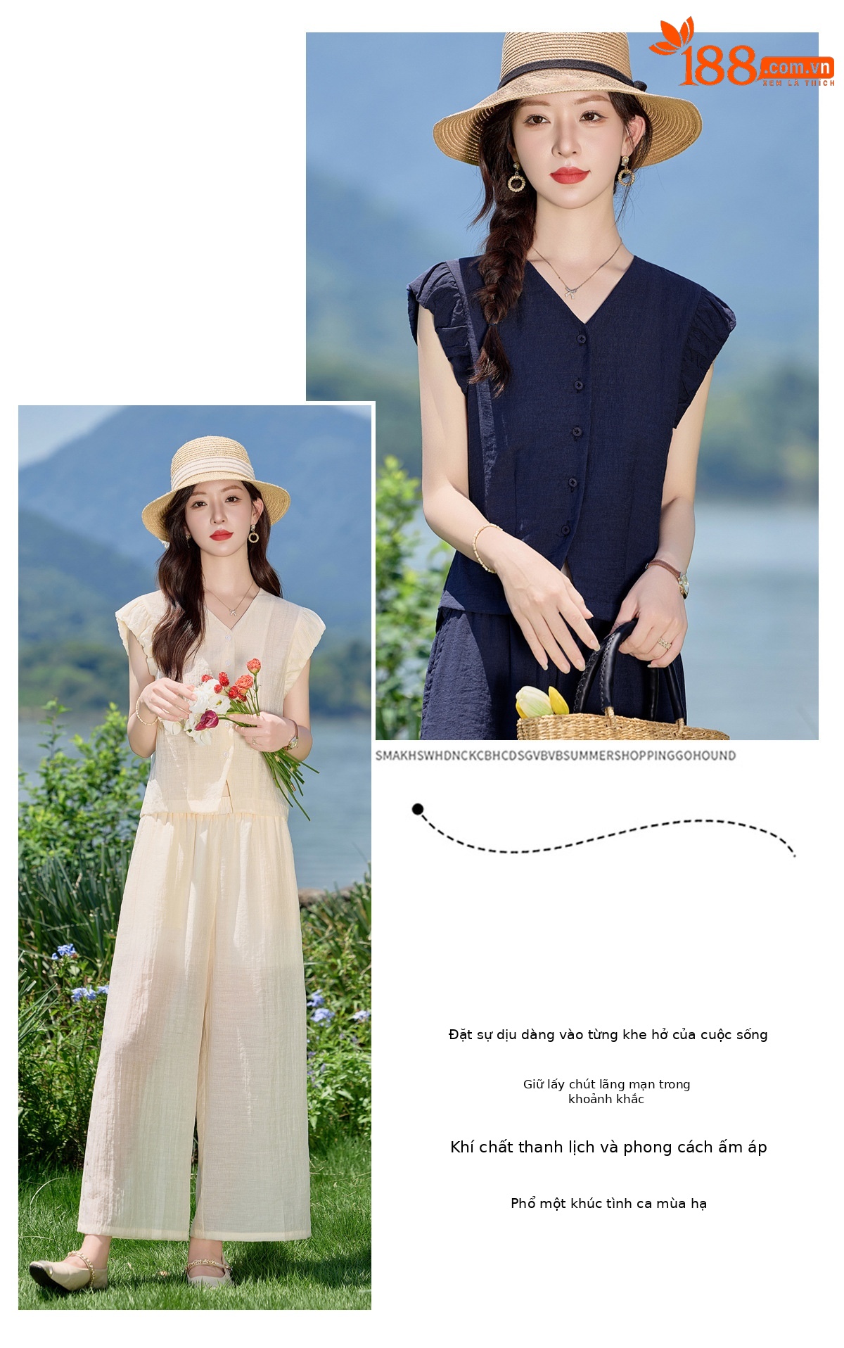 Bộ vest nữ hè 2025 áo sơ mi cổ V ôm quần ống thẳng hai mảnh LB2869 — màu xanh hải quân, Màu trắng nhạt chi tiết 2