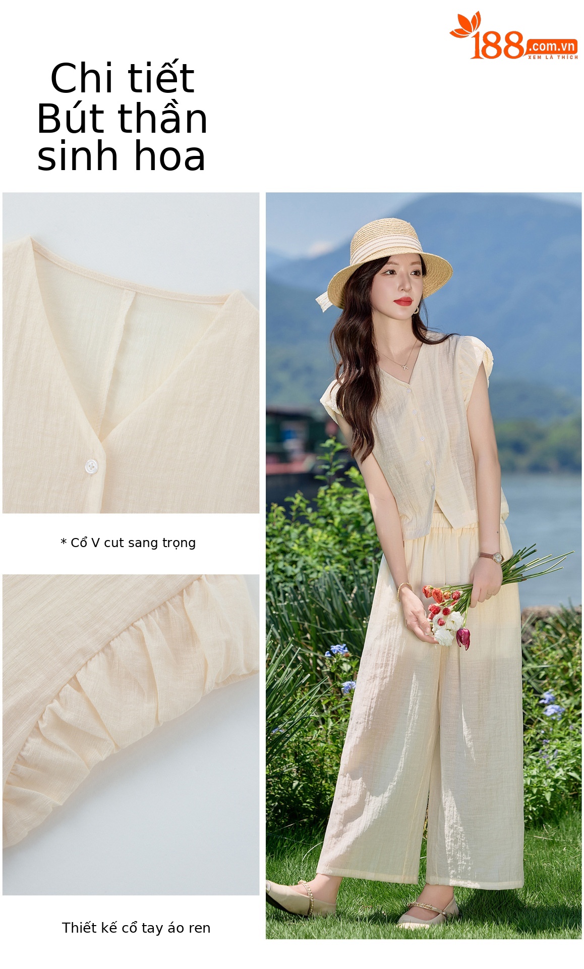 Bộ vest nữ hè 2025 áo sơ mi cổ V ôm quần ống thẳng hai mảnh LB2869 — màu xanh hải quân, Màu trắng nhạt chi tiết 9