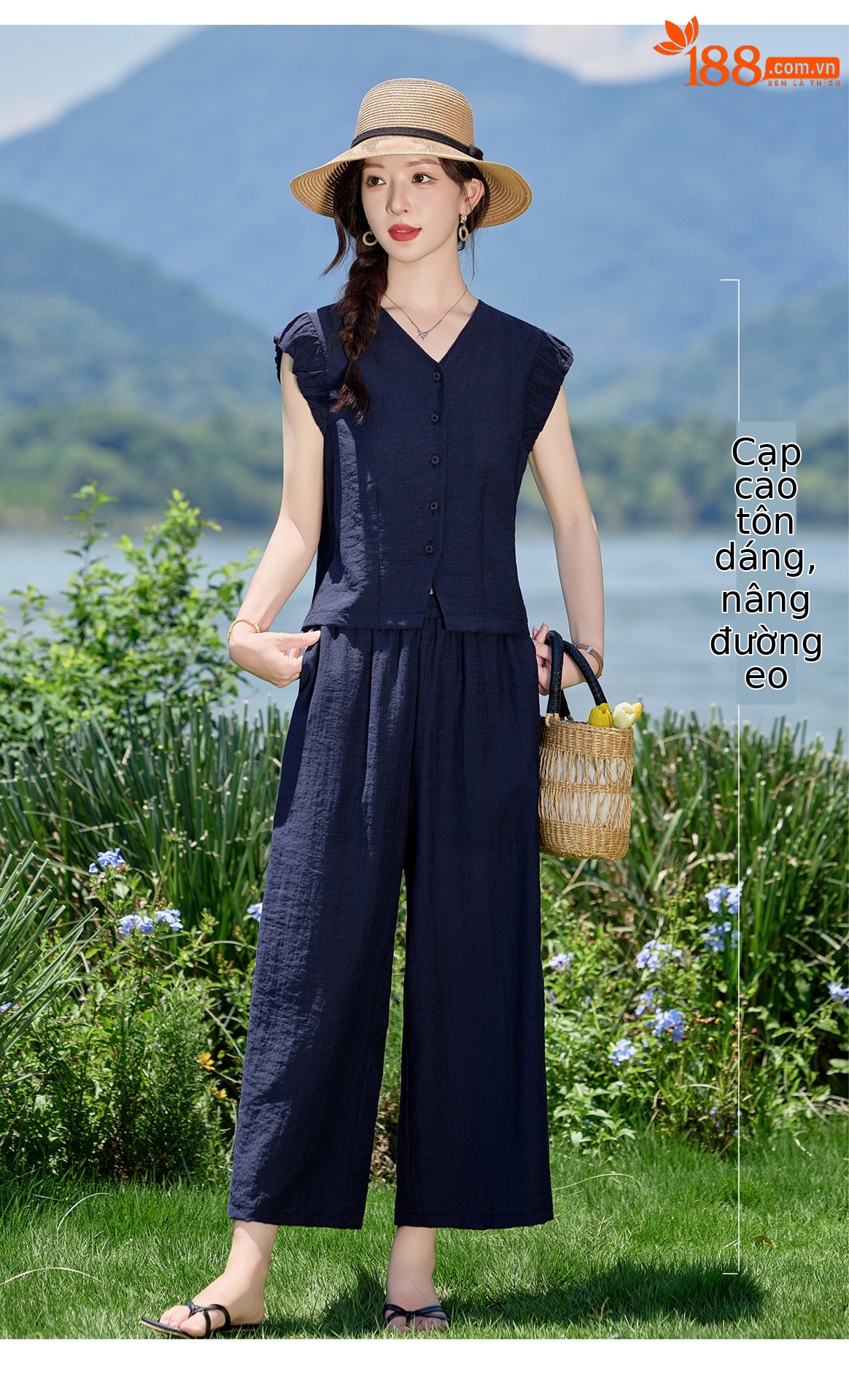 Bộ vest nữ hè 2025 áo sơ mi cổ V ôm quần ống thẳng hai mảnh LB2869 — màu xanh hải quân, Màu trắng nhạt chi tiết 11