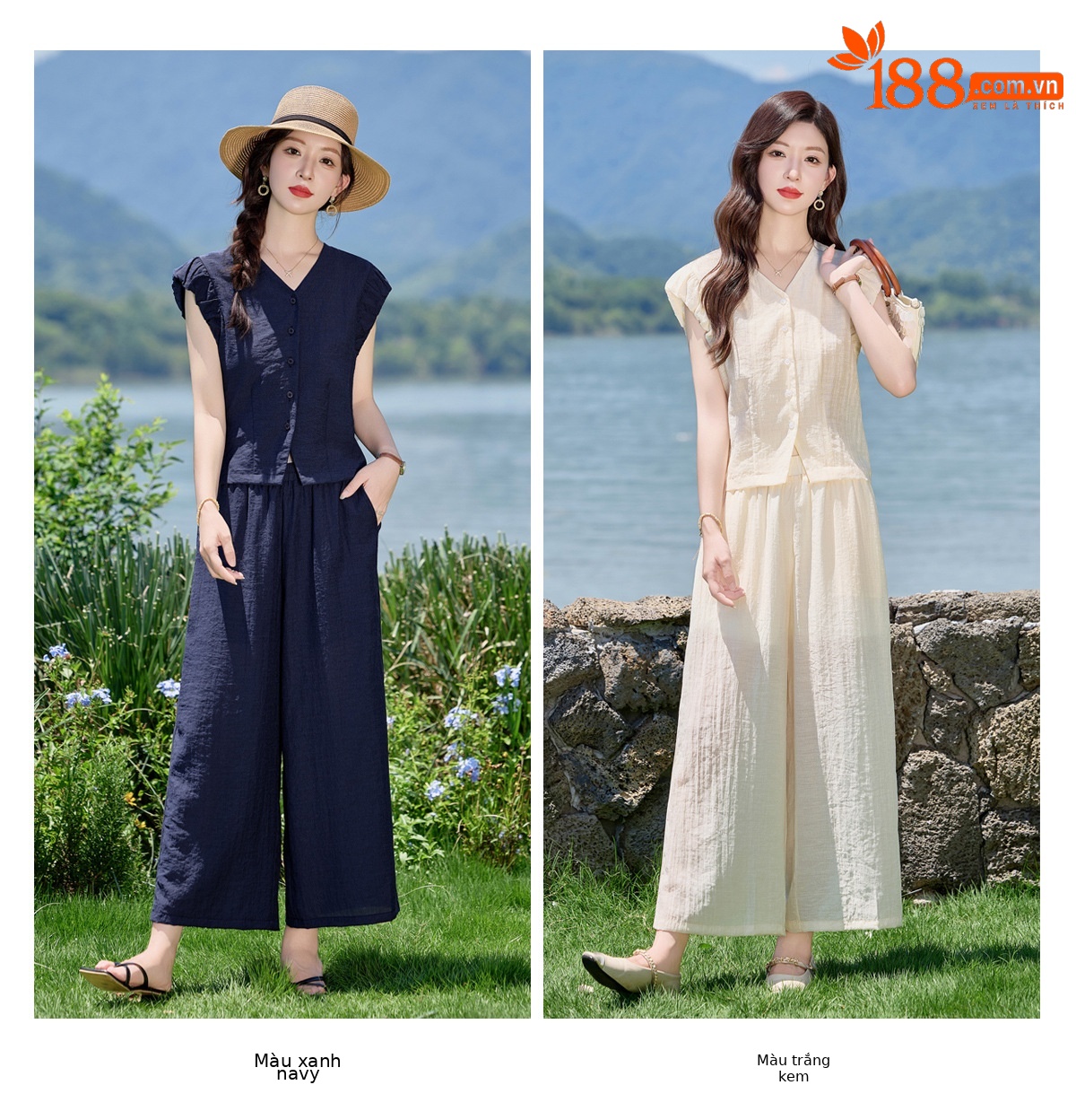 Bộ vest nữ hè 2025 áo sơ mi cổ V ôm quần ống thẳng hai mảnh LB2869 — màu xanh hải quân, Màu trắng nhạt chi tiết 14