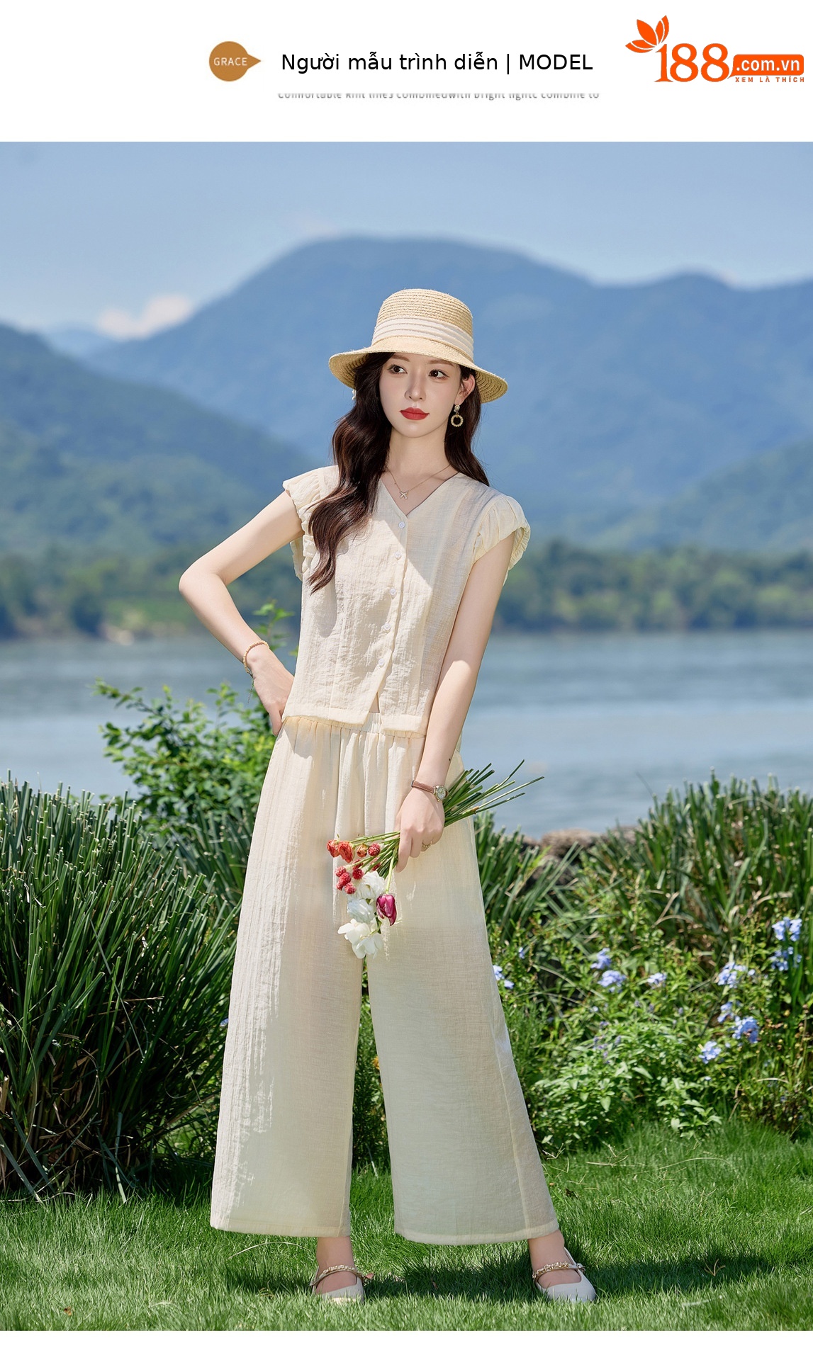 Bộ vest nữ hè 2025 áo sơ mi cổ V ôm quần ống thẳng hai mảnh LB2869 — màu xanh hải quân, Màu trắng nhạt chi tiết 15