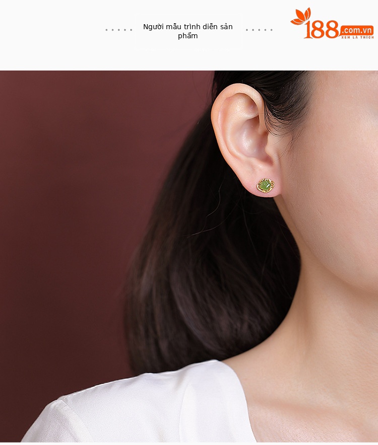 Bông tai bạc S925 đính ngọc Hetian tự nhiên hình Như Ý rỗng — Mẫu bạc chi tiết 5