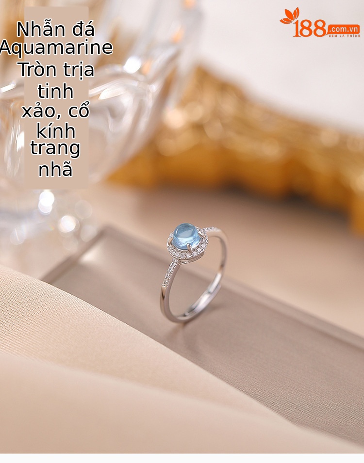 Nhẫn bạc S925 đính đá aquamarine hình học tròn lấp lánh — một mảnh chi tiết 1