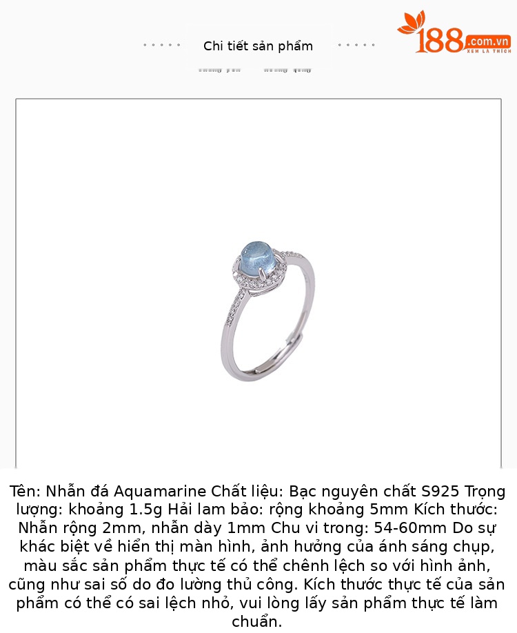 Nhẫn bạc S925 đính đá aquamarine hình học tròn lấp lánh — một mảnh chi tiết 2