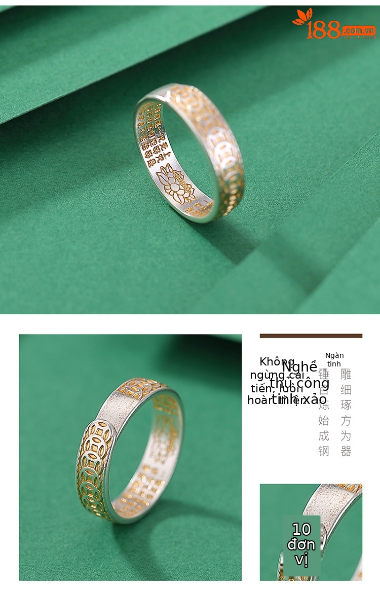 Nhẫn bạc S999.9 mạ vàng họa tiết đồng xu hoa sen Tâm Kinh phong cách Trung Hoa — một mảnh chi tiết 4