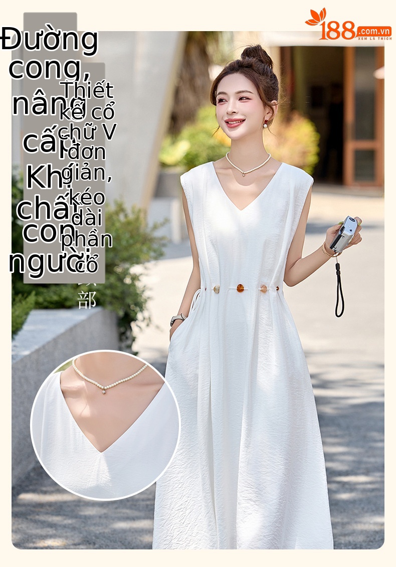 Đầm maxi nữ cổ V thắt eo dáng chữ A dài mùa hè 2025 — trắng chi tiết 4