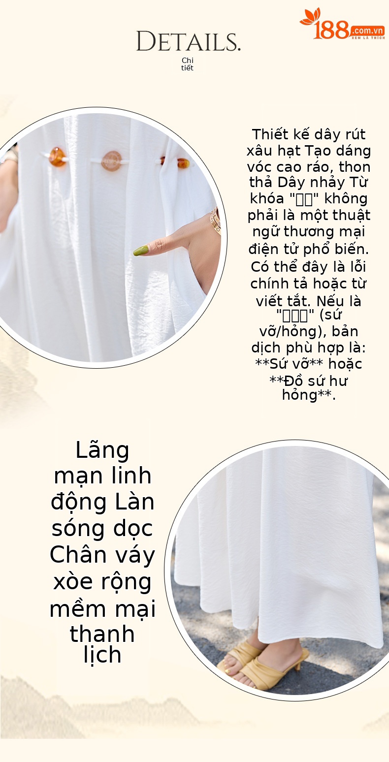 Đầm maxi nữ cổ V thắt eo dáng chữ A dài mùa hè 2025 — trắng chi tiết 6