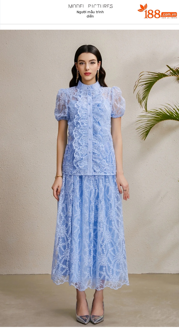 Set áo ren tay phồng thêu + váy xòe lưng cao kiểu Pháp mùa hè — trời xanh chi tiết 1