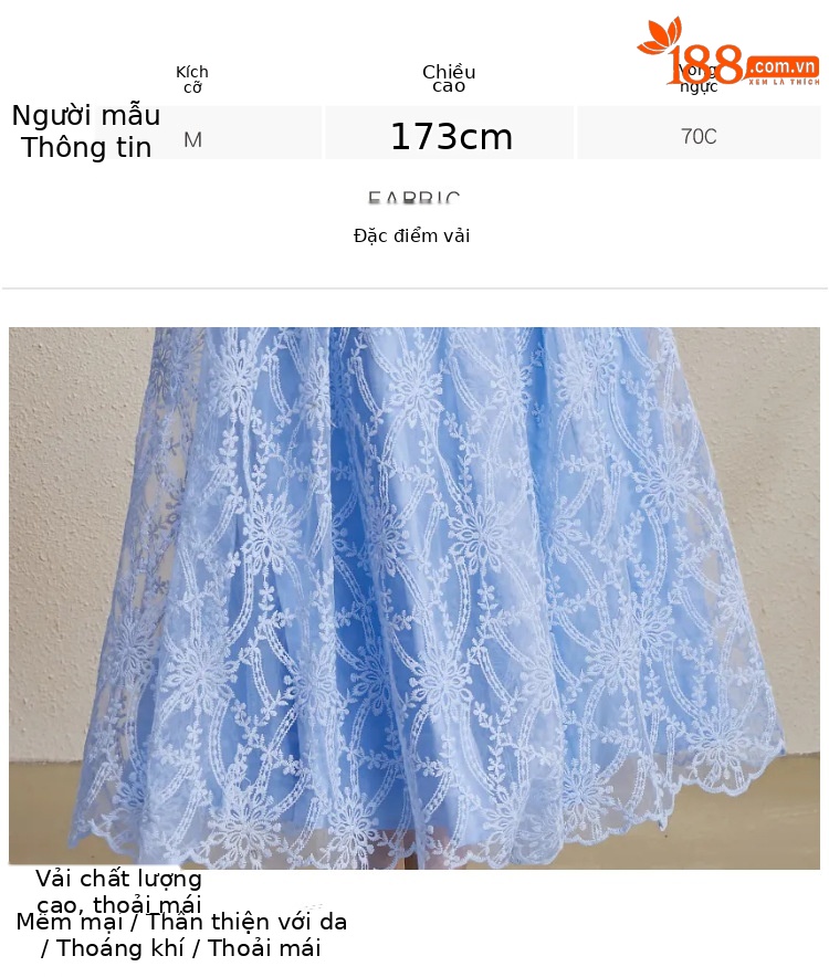 Set áo ren tay phồng thêu + váy xòe lưng cao kiểu Pháp mùa hè — trời xanh chi tiết 7