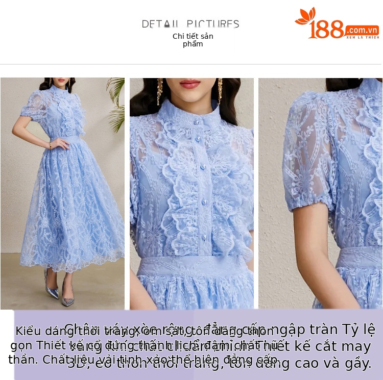 Set áo ren tay phồng thêu + váy xòe lưng cao kiểu Pháp mùa hè — trời xanh chi tiết 8