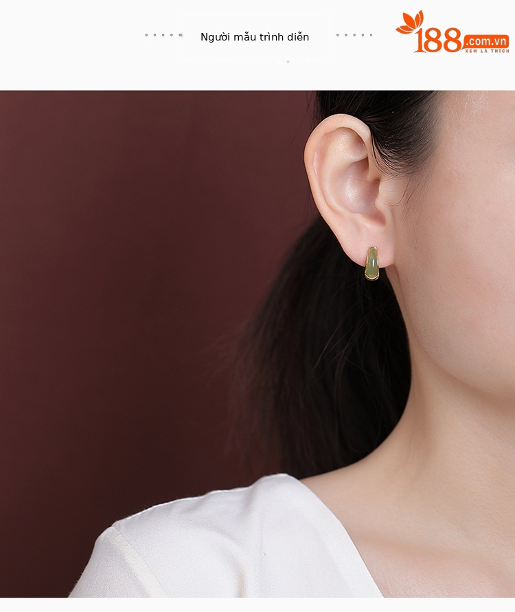 Bông tai kẹp bạc S925 mạ vàng đính đá sapphirine phong cách Trung Hoa ống cong — một cặp chi tiết 4