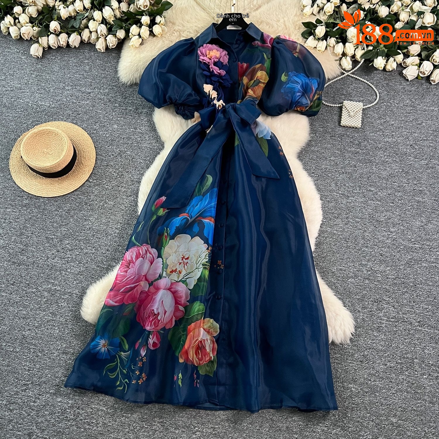 Đầm maxi nữ thắt eo phong cách Pháp tay phồng in hoa lưới — trắng, màu xanh đậm, mơ