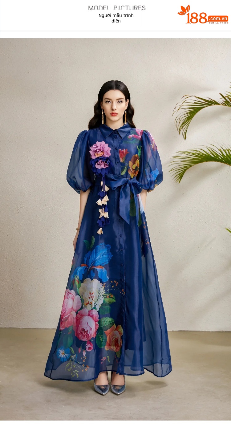 Đầm maxi nữ thắt eo phong cách Pháp tay phồng in hoa lưới — trắng, màu xanh đậm, mơ chi tiết 1