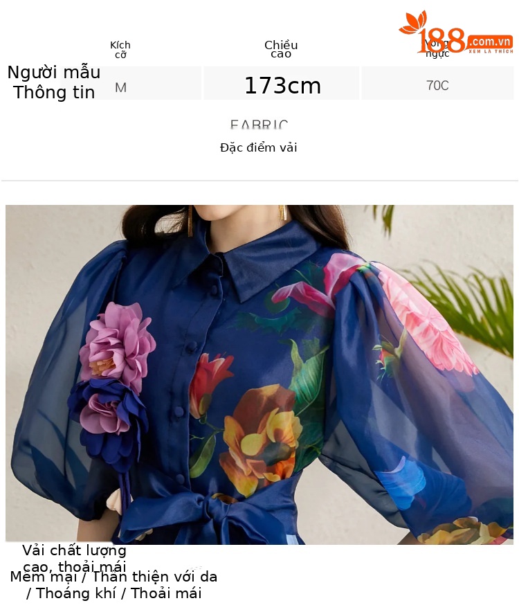 Đầm maxi nữ thắt eo phong cách Pháp tay phồng in hoa lưới — trắng, màu xanh đậm, mơ chi tiết 7