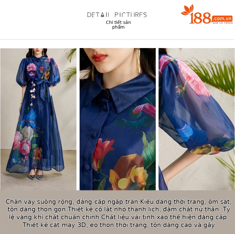 Đầm maxi nữ thắt eo phong cách Pháp tay phồng in hoa lưới — trắng, màu xanh đậm, mơ chi tiết 8