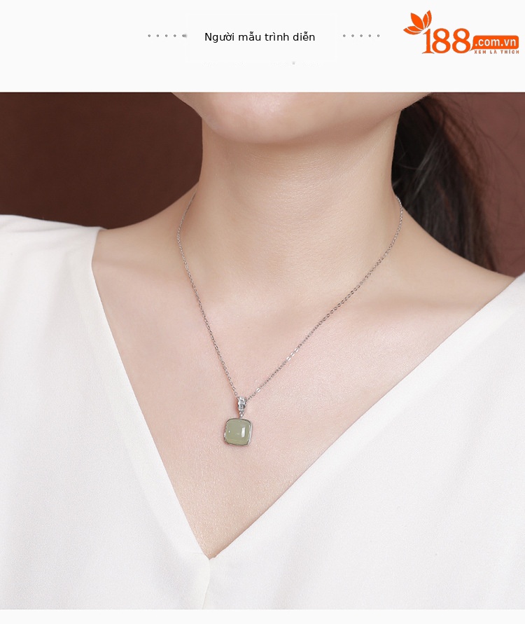 Mặt dây chuyền bạc S925 đá ngọc bích thiên nhiên hình vuông phong cách Trung Hoa — Mặt dây chuyền đơn (không bao gồm dây chuyền) chi tiết 5