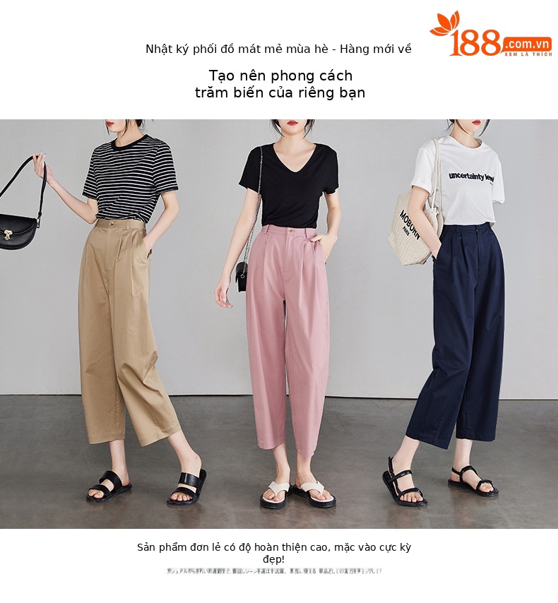 Quần ống rộng cạp cao dáng suông nữ thời trang hè — màu xanh hải quân chi tiết 7