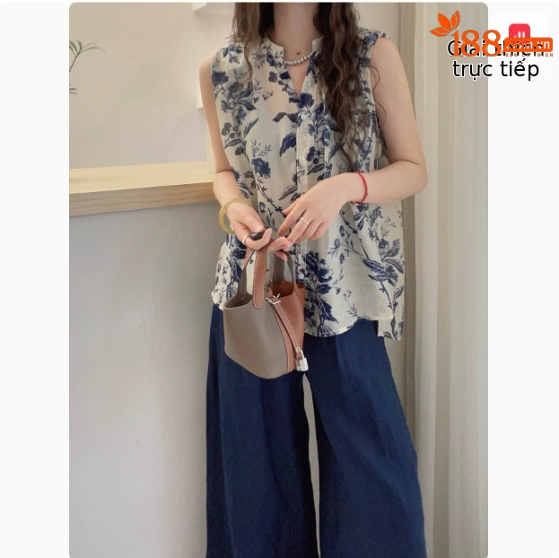Áo sơ mi vest không tay cổ kéo đệm vai phong cách thủy mặc họa tiết hoa buộc dây chất Tencel — Màu sắc hình ảnh