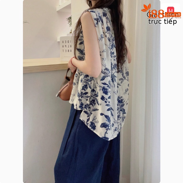 Áo sơ mi vest không tay cổ kéo đệm vai phong cách thủy mặc họa tiết hoa buộc dây chất Tencel — Màu sắc hình ảnh