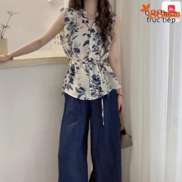 Áo sơ mi vest không tay cổ kéo đệm vai phong cách thủy mặc họa tiết hoa buộc dây chất Tencel — Màu sắc hình ảnh